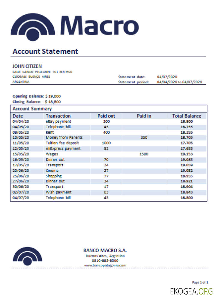 Relevé bancaire Argentine Banco Macro S.A.